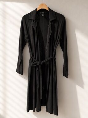 Forever 21 Black Rayon Open Front Belted Duster Cardigan Size S | Dark Academia